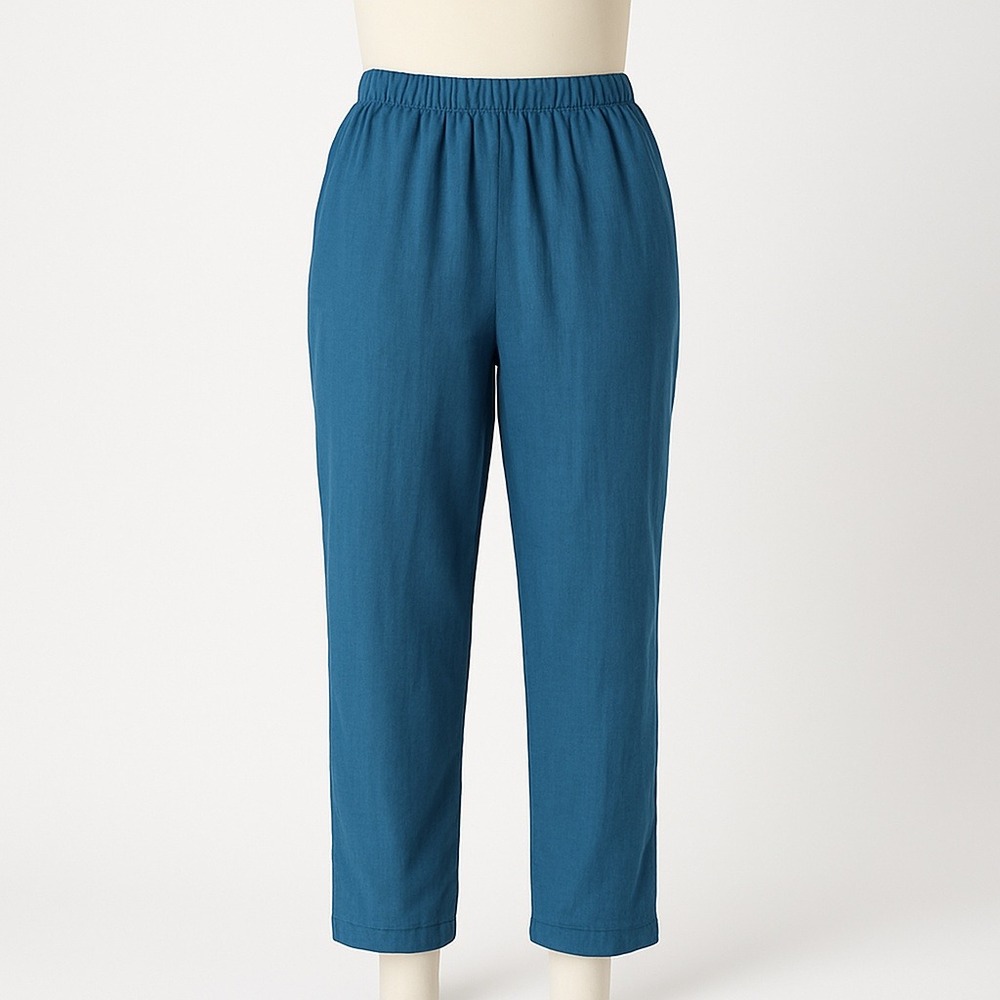 Womens Textured Linen‎ Straight Leg Pants Size M Teal Blue Elastic Waist Coastal